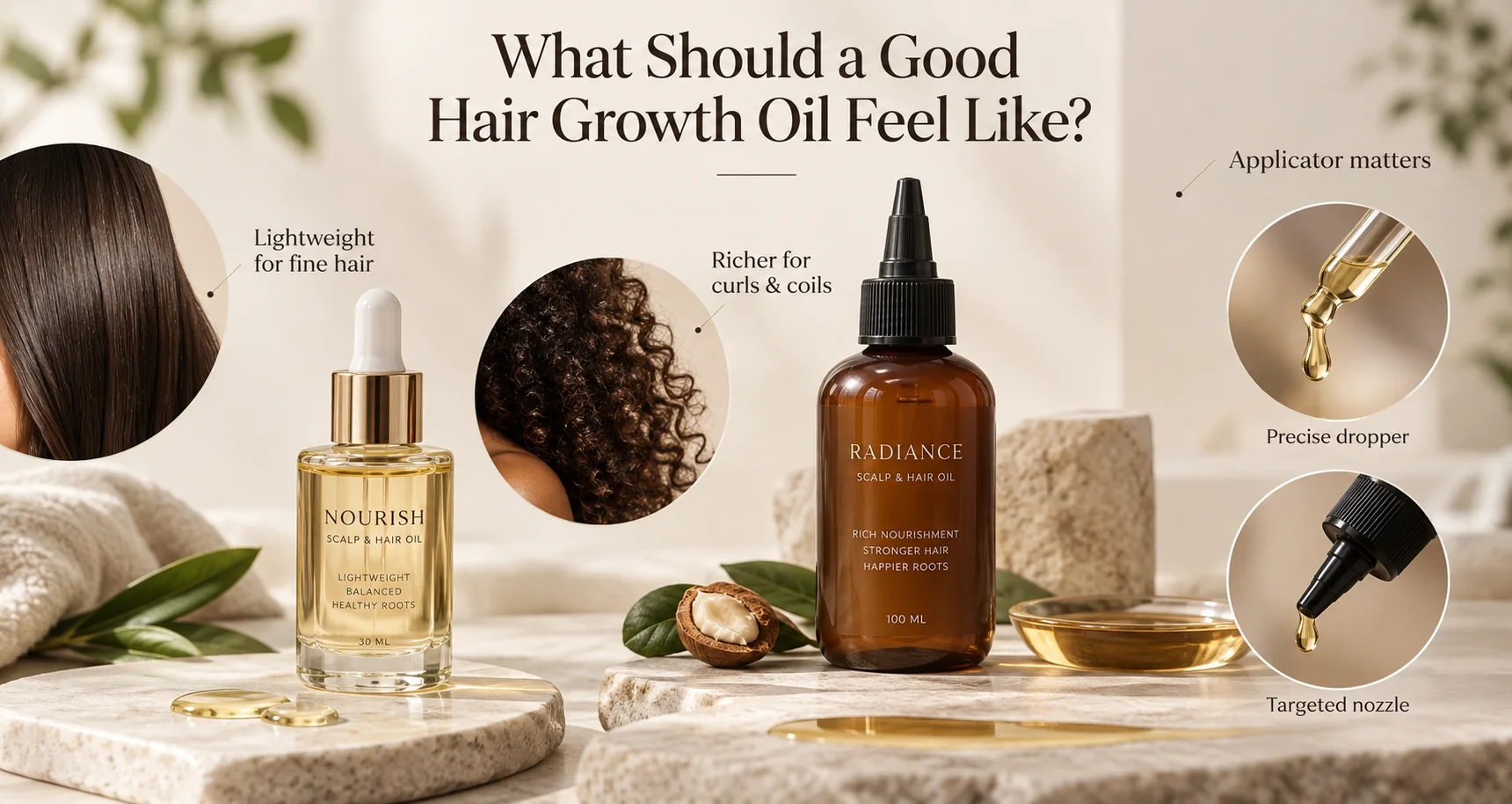 Display of two hair growth oil products, one labeled 'Nourish Scalp & Hair Oil' in a clear glass bottle with a dropper, another labeled 'Radiance Scalp & Hair Oil' in an amber bottle with a targeted nozzle. Annotated text highlights features like lightweight formula for fine hair, richer nourishment for curls, precise dropper, and targeted nozzle.